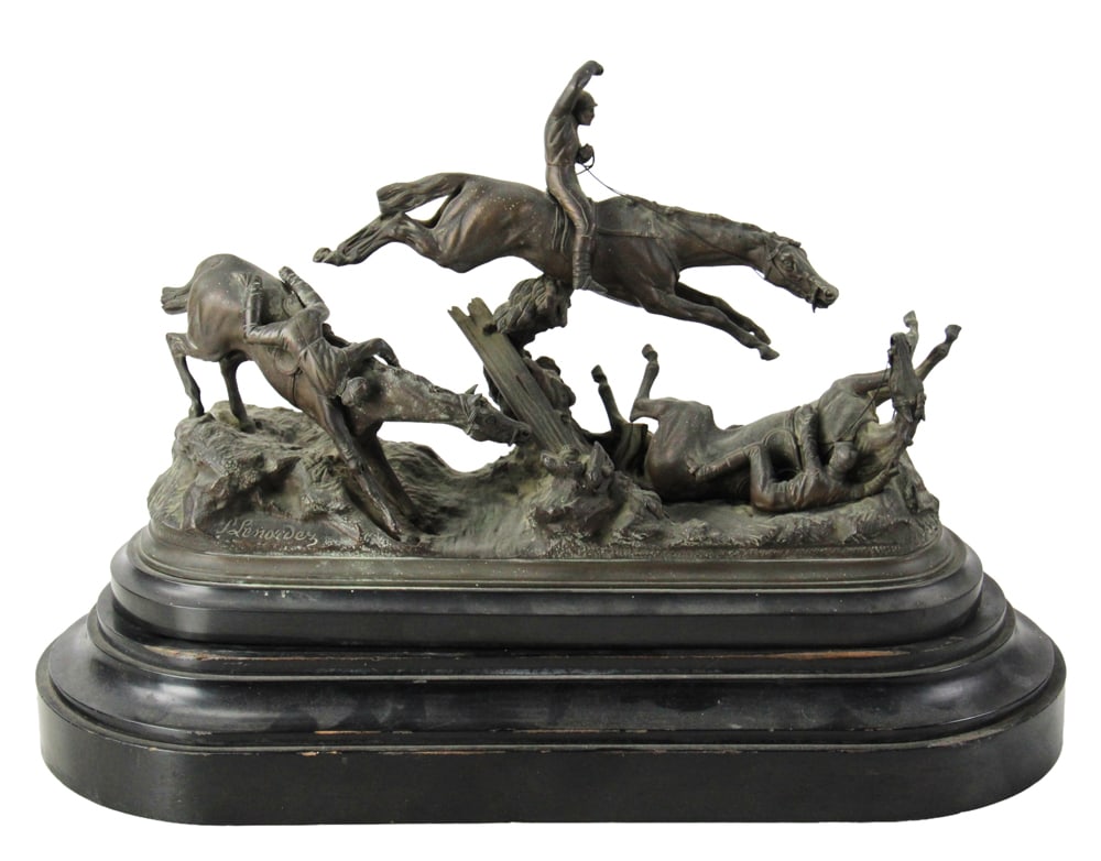 Pierre Le Nordez, "The Steeplechase", Bronze: Pierre Le Nordez (French 1814-1892), "The Steeplechase", bronze on wooden stand, 13 1/2 x 20 x 9. Provenance: Estate of Joseph and Anna Prince Haley, of Pride's Crossing, Massachusetts.