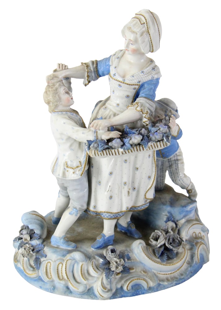 19thC German Meissen Porcelain Grouping: 19th century German Meissen porcelain grouping, 10 x 7 x 6. Broken flower on base. Provenance: Estate of Joseph and Anna Prince Haley, of Pride's Crossing, Massachusetts.