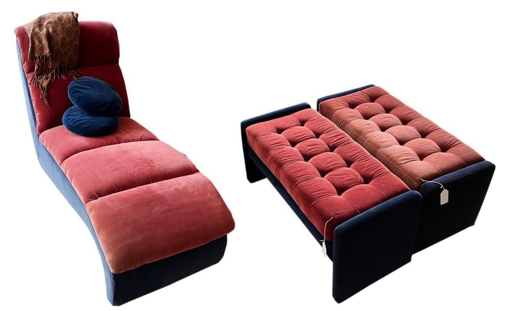 Contemporary Velvet Chaise, Matching Benches: Contemporary blue and red velvet chaise, together with a pair of matching benches, chaise 35" H x approximately 65" L x 27" W; benches 16 1/2" H x 37 1/2" W x 16 1/2" D. One bench shows fading.