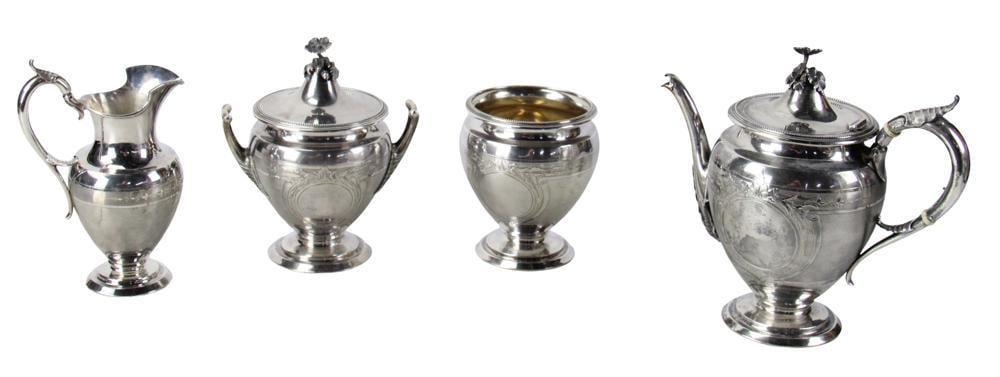 19thC American Coin Silver Tea Set: 19th-century American coin silver tea set having Gorham arcnhor hallmark, (4) pieces. Approximately 56.57 troy oz TW. Provenance: Estate of the late Joseph W. Haley, of Pride's Crossing, Massachusetts