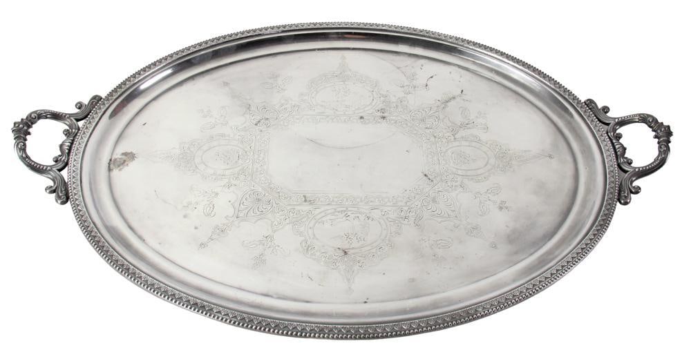 Victorian Silverplate Tray with Engravings: Victorian silverplate tray having two pairs of engravings, (1) The Hunt, (2) Florals. 30 x 19. Provenance: Estate of the late Joseph W. Haley, of Pride's Crossing, Massachusetts.