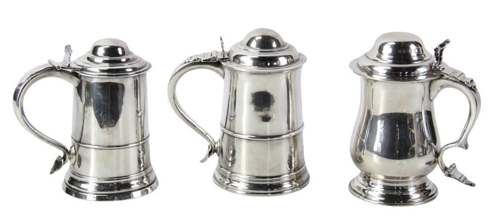 Silverplate Tankards: Silverplate tankards, set of (3), including (1) 6, (1) 7 1/2, (1) 8. Provenance: Estate of the late Joseph W. Haley, of Pride's Crossing, Massachusetts.