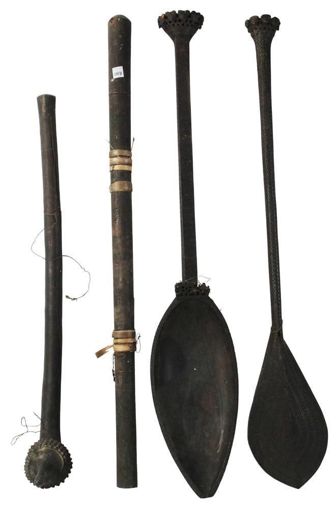 Antique Oceanic Paddles and Club: Antique Oceanic paddles and club, (4) total. Provenance: Estate of the late Joseph W. Haley, of Pride's Crossing, Massachusetts.
