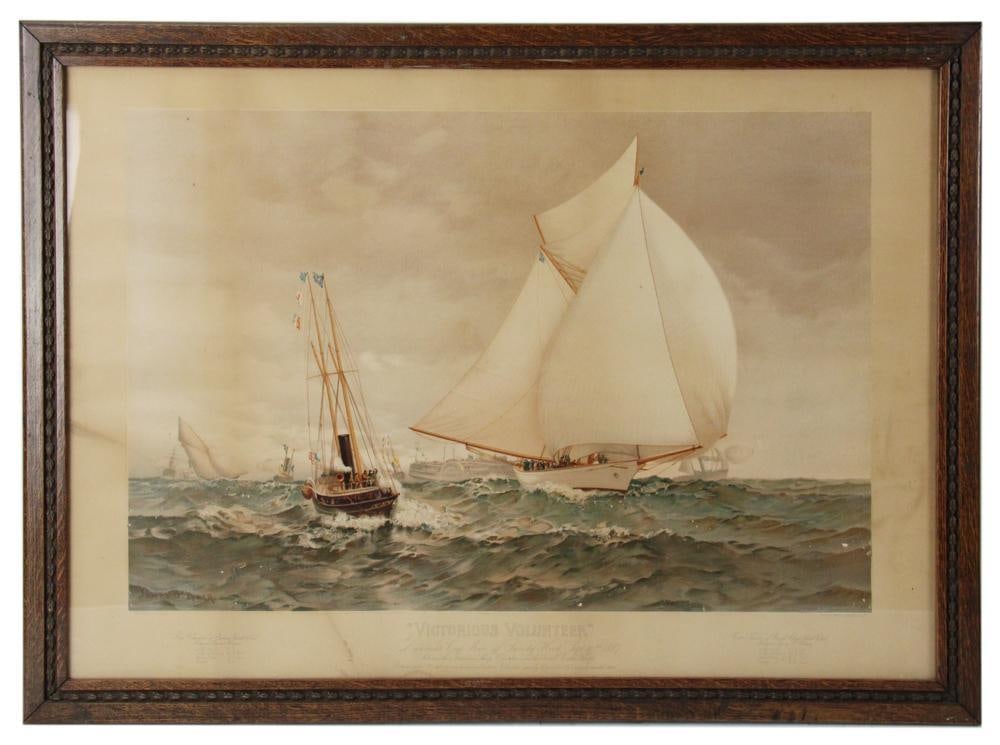 Victorious Volunteer American Cup Race, 1881: Victorious Volunteer American Cup Race, 1881, 20 1/2" x 29 1/2", framed 24" x 32". Provenance: Estate of the late Joseph W. Haley, of Pride's Crossing, Massachusetts.