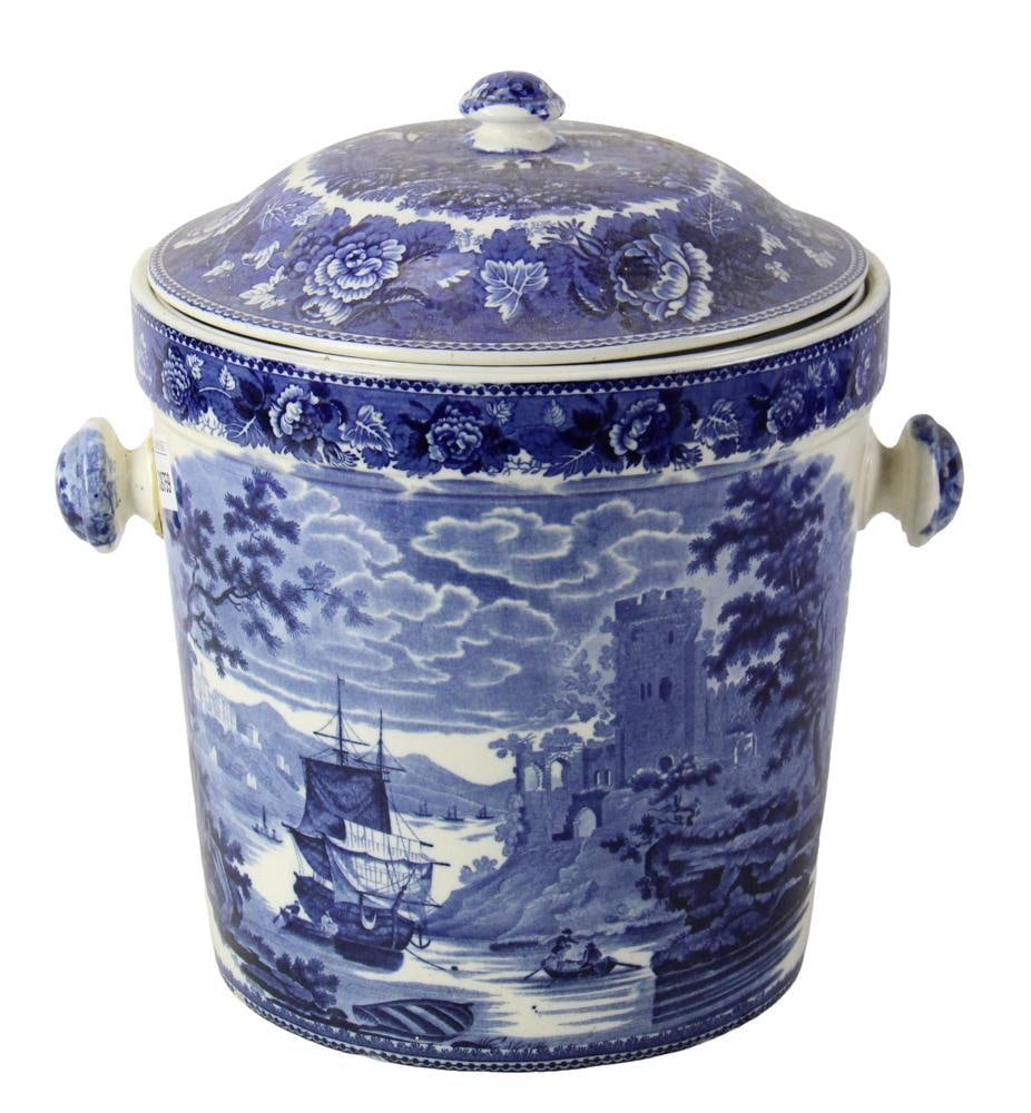 Possibly Attributed to Copeland Spode, 19thC Covered Pot: Possibly attributed to Copeland Spode, 19th Century English blue and white covered pot with castle motif. Old repair to one handle. 13 x 12. Provenance: Estate of the late Joseph W. Haley, of Pride's