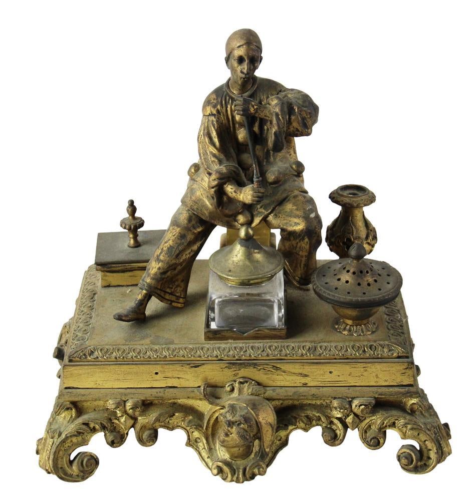 19thC French Bronze Inkwell with Center Figure: 19th century French bronze inkwell with center sitting figure. 10 x 10 x 7. Provenance: Estate of the late Joseph W. Haley, of Pride's Crossing, Massachusetts.