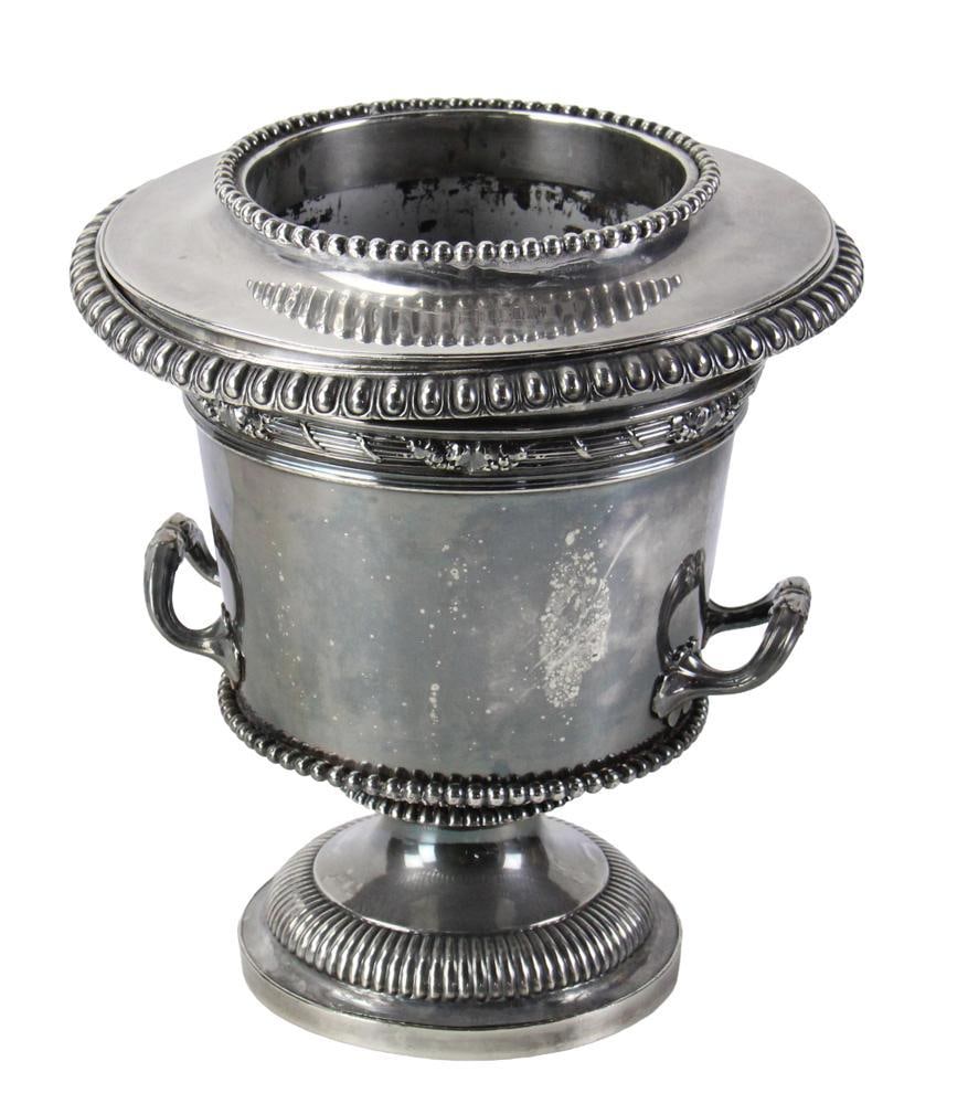 19thC Old Sheffield Plate Champagne Bucket and Wine Cooler: 19th century old Sheffield plate champagne bucket and wine cooler, 9 x 9 1/2 diameter. Provenance: Estate of the late Joseph W. Haley, of Pride's Crossing, Massachusetts.