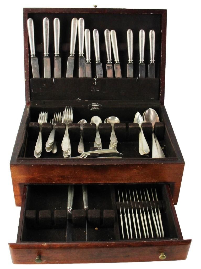S. Kirk and Sons Sterling Flatware Set, Phoenix Motif: S. Kirk and Sons sterling flatware set with phoenix motif, in chest. Provenance: Estate of the late Joseph W. Haley, of Pride's Crossing, Massachusetts. PLEASE NOTE: payment for silver, gold, jewelry,