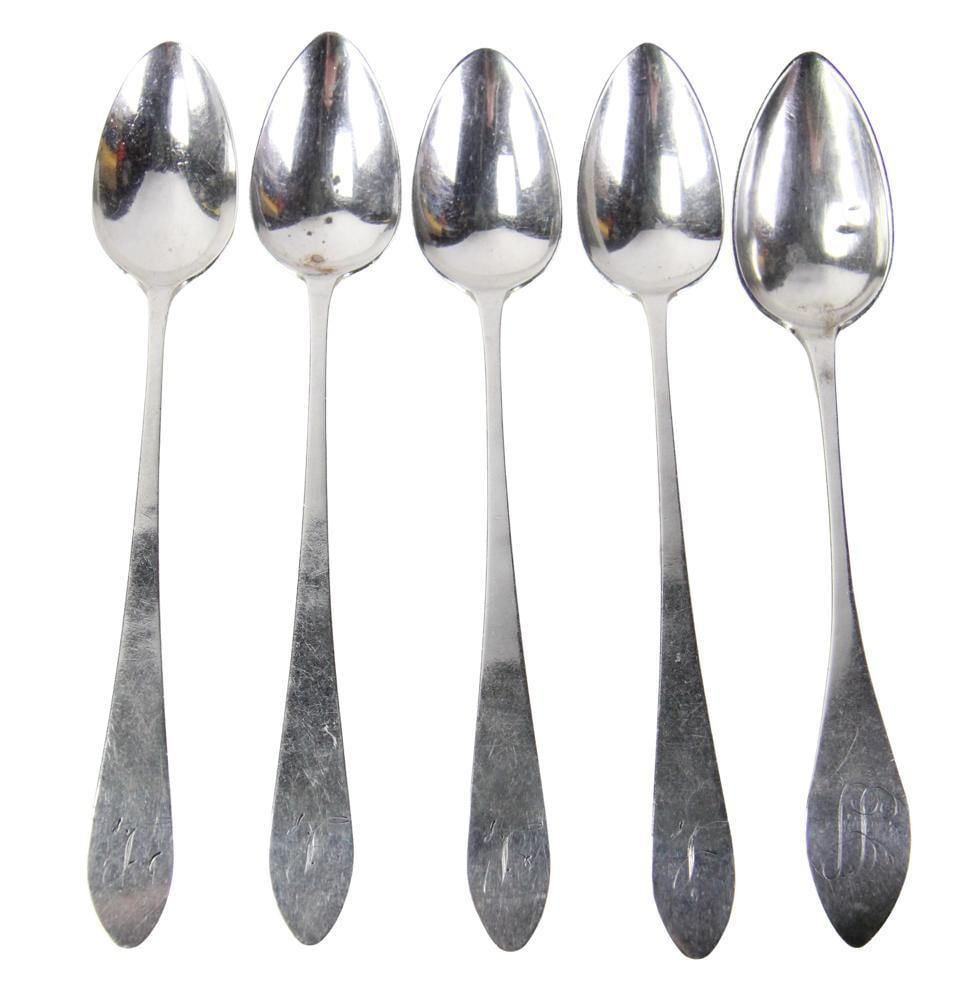 Early American Teaspoons: Five early American teaspoons by Molton, one early American teaspoon initialed JB. Approximately 1.98 troy oz TW. Provenance: Estate of the late Joseph W. Haley, of Pride's Crossing, Massachusetts.