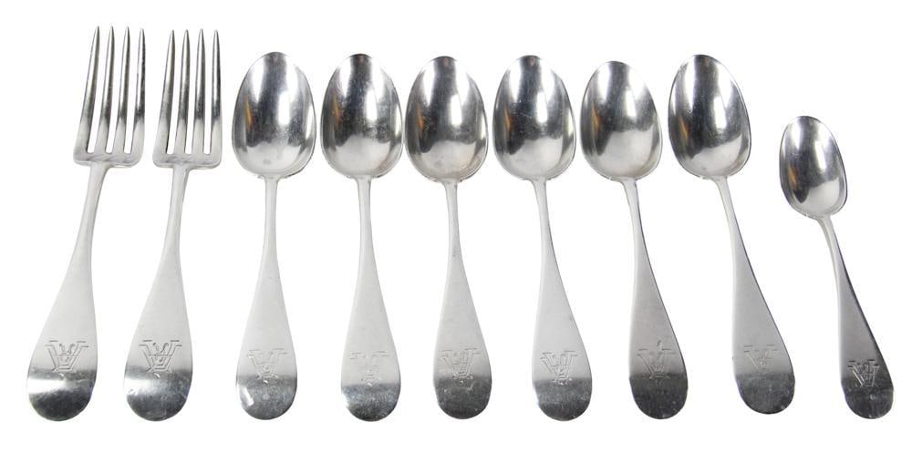 Bigelow, Kennard, and Co. Spoons and Forks: Bigelow, Kennard and Co. spoons and forks, including (2) forks and (7) spoons. Approximately 13.46 troy oz TW. Provenance: Estate of the late Joseph W. Haley, of Pride's Crossing, Massachusetts.
