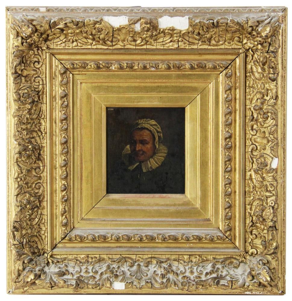 17th/18thC Portrait of Woman with Ruffled Collar, Oil on Panel: 17th/18th century portrait of a woman with bonnet and ruffled collar, oil on panel, labeled verso "Peint par David Teniers / Signed", with seal, 4 1/4 x 4 (Frame 13 x 12 1/2). Provenance: Estate of