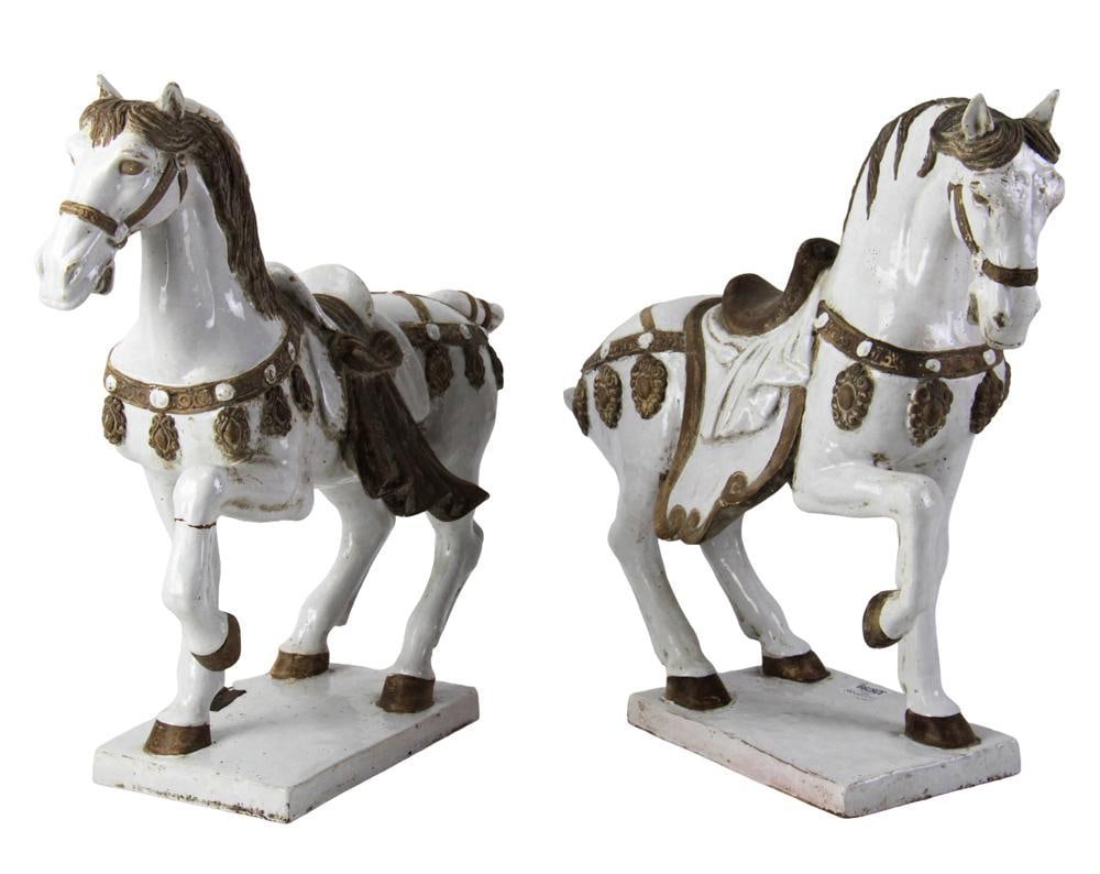 Pair of Italian Glazed Terra Cotta Horses: Pair of Italian glazed terra cotta horses, 16 x 17. One item is repaired. Provenance: Estate of the late Joseph W. Haley, of Pride's Crossing, Massachusetts.