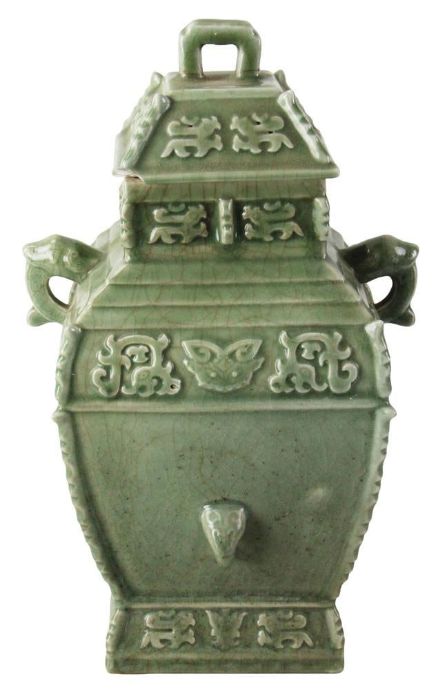 Chinese Archaic-style Glazed Celadon-Covered Urn: Chinese Archaic-style glazed celadon-covered urn, 17 1/2 x 7 1/2 x 8 1/2. Provenance: Estate of the late Joseph W. Haley, of Pride's Crossing, Massachusetts.