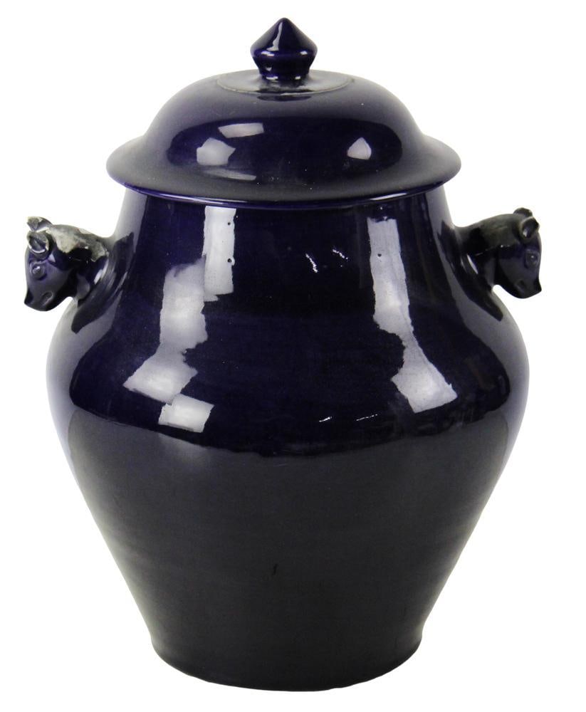 19thC Chinese Covered Urn with Pig Head Handles: 19th century Chinese blue glazed covered urn with pig head handles, 14 1/2 x 11. Provenance: Estate of the late Joseph W. Haley, of Pride's Crossing, Massachusetts.
