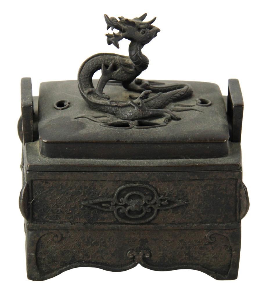 18thC Chinese Bronze Censer with Dragon Finial: 18th century Chinese bronze censer, with dragon finial. Red character mark on bottom "436" from previous collection, 6 x 5 x 4. Provenance: Estate of the late Joseph W. Haley, of Pride's Crossing,