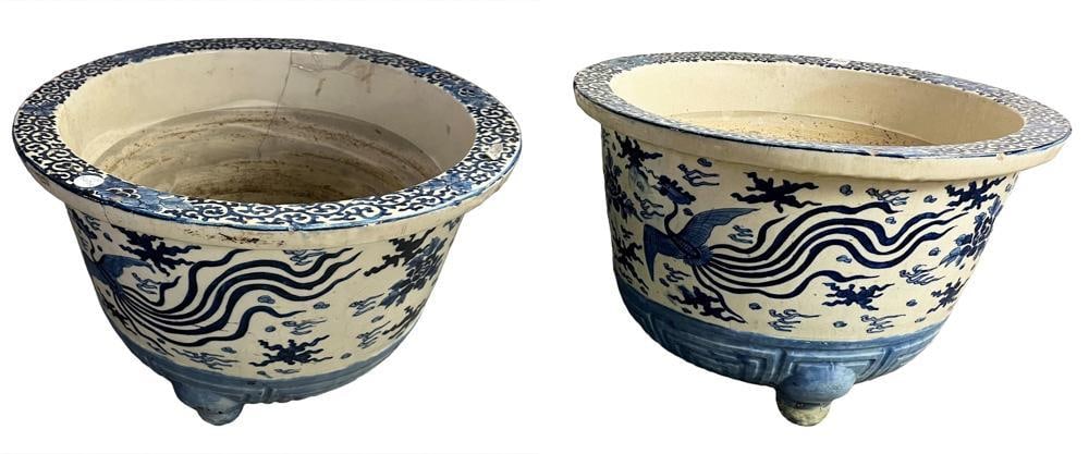 Pair of Early-to-Mid-19thC Chinese Porcelain Fishbowl Planters: Pair of early-to-mid-19th century Chinese porcelain fishbowl planters, featuring traditional dragon. Old cracks and restoration on one. Provenance: Estate of the late Joseph W. Haley, of Pride's