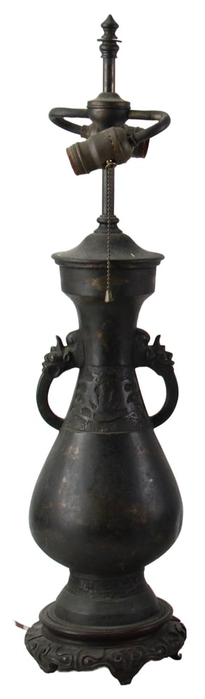 19thC Chinese Patinated Bronze Vase Lamp: 19th century Chinese patinated bronze vase converted to a lamp, 15 x 6 diameter (with shade 26 x 6 1/2 diameter). Provenance: Estate of the late Joseph W. Haley, of Pride's Crossing, Massachusetts.