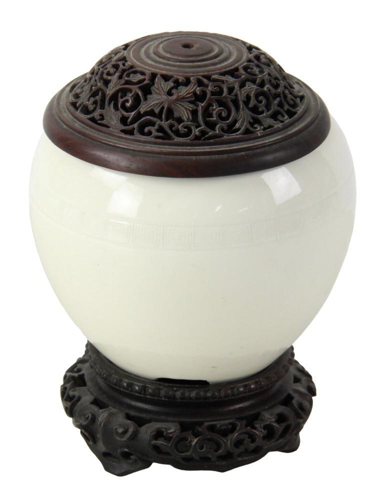Chinese Blanc-de-Chine Covered Censer: Chinese blanc-de-Chine covered censer on wood base, 6 3/4 x 4 1/2. Provenance: Estate of the late Joseph W. Haley, of Pride's Crossing, Massachusetts.