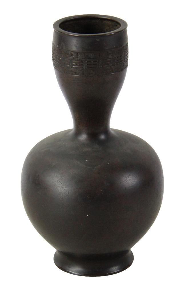 18th/19thC Chinese Bronze Bulbous Vase: 18th/19th century Chinese bronze bulbous vase, having red inventory #69 from previous collection. 9 1/2 x 5 1/2 diameter. Provenance: Estate of the late Joseph W. Haley, of Pride's Crossing,