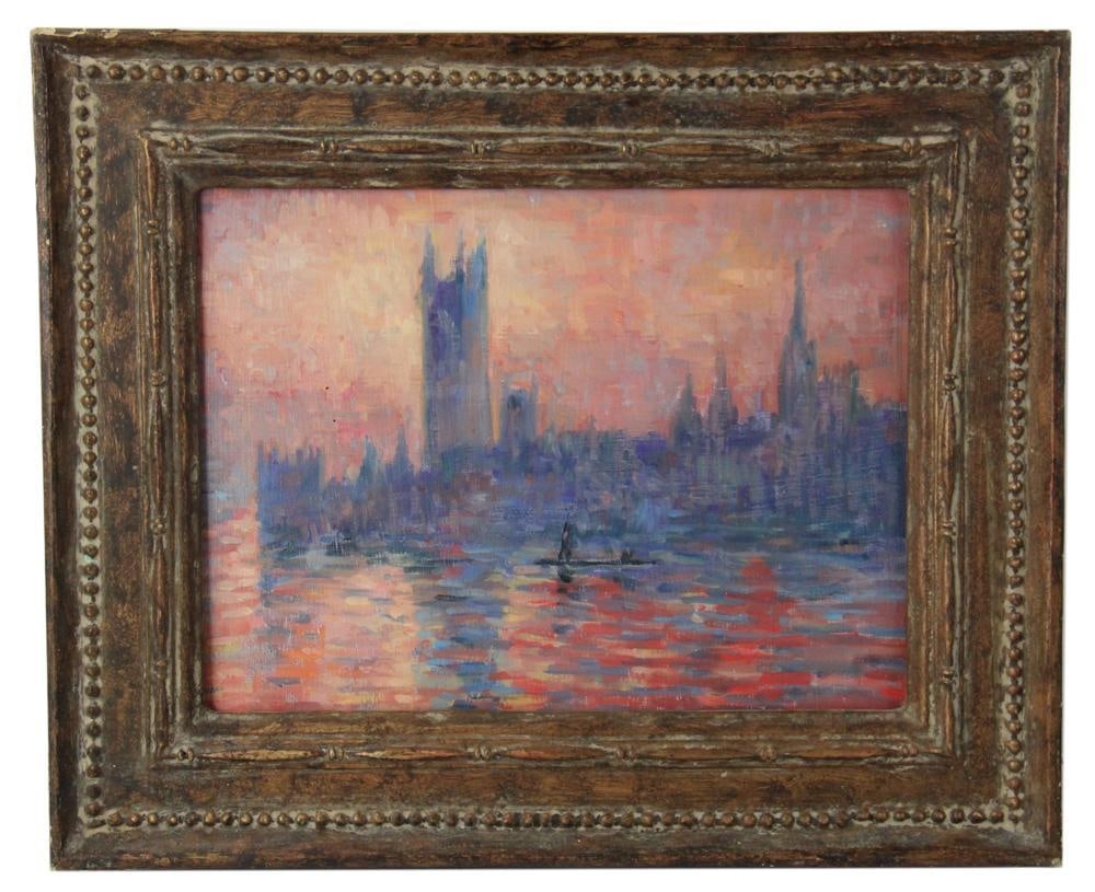 After Monet, Thames River View, Oil on Board: After Claude Monet, "Thames River View, The House of Parliament, Sunset", oil on board, unsigned, 12 x 15 1/2 (Framed 18 x 22). Provenance: Estate of the late Joseph W. Haley, of Pride's Crossing, Mas