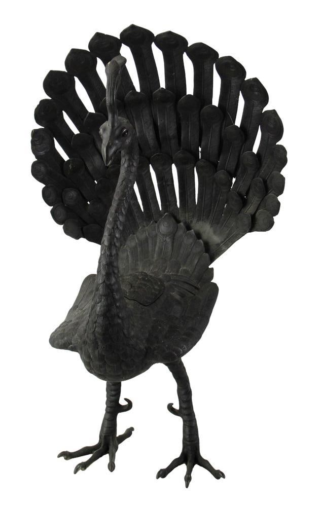 Antique Bronze Peacock: Antique bronze peacock, 22 1/2 x 14. Provenance: Estate of the late Joseph W. Haley, of Pride's Crossing, Massachusetts.