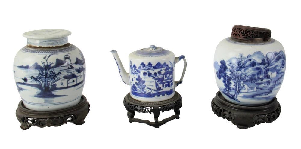 19thC Chinese Canton Jars and Teapot: 19th century Chinese Canton jars and teapot on wood stand, including (1) 7 x 5 1/2, (1) 9 1/2 x 6 1/2, (1) 9 1/4 x 6 1/2. Provenance: Estate of the late Joseph W. Haley, of Pride's Crossing,