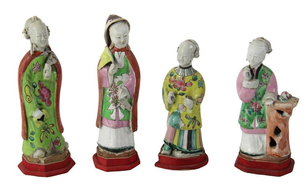 19thC Chinese Figurines: 19th century Chinese four figurines, (2) 6, (2) 7 1/2. Provenance: Estate of the late Joseph W. Haley, of Pride's Crossing, Massachusetts.
