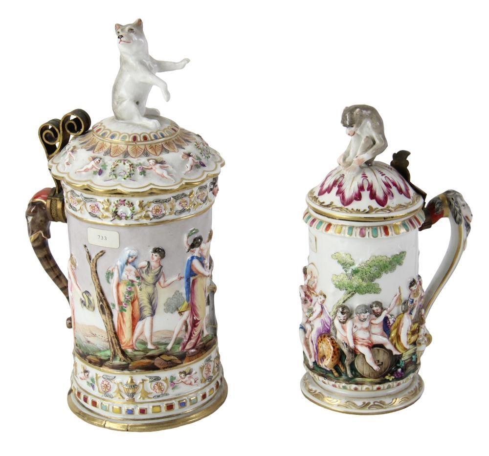 Italian Capodimonte Tankards: Italian Capodimonte tankards, (3) total, including (1) 11 1/2 x 5, (2) 9 x 5. Provenance: Estate of the late Joseph W. Haley, of Pride's Crossing, Massachusetts.