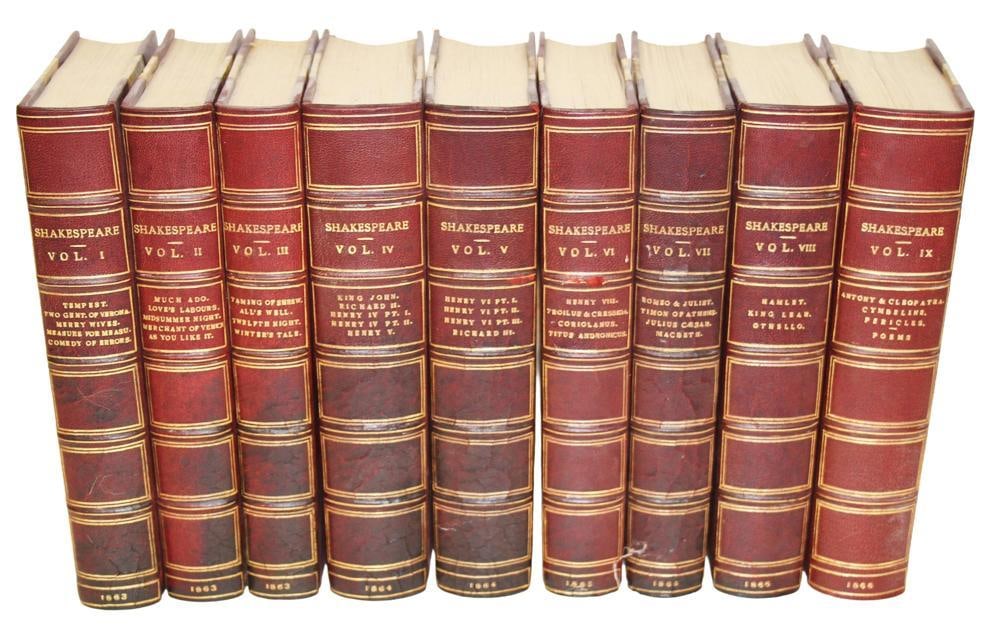 The Works of William Shakespeare, 10 Vols, 1863: The Works of William Shakespeare. Edited by William George Clark and John Glover. Macmillian and Co. 1863. (10) Volume Set.. Provenance: Estate of the late Joseph W. Haley, of Pride's Crossing, Massac