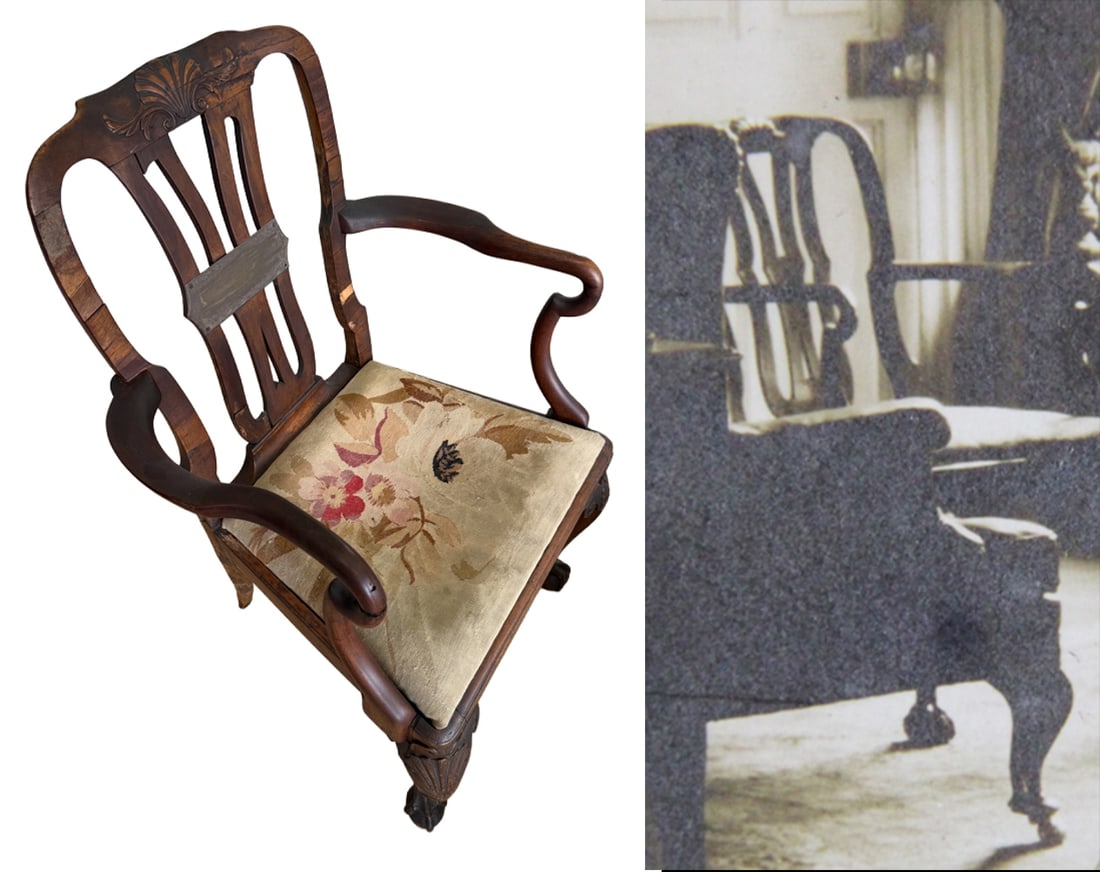 Antique Armchair with Plaque Detailing Use by U.S. Presidents: Antique mahogany armchair with embroidered seat cushion. Plaque on backrest says "This chair was used by Theodore Roosevelt, President of the United States, when with his family as guests of Mrs.