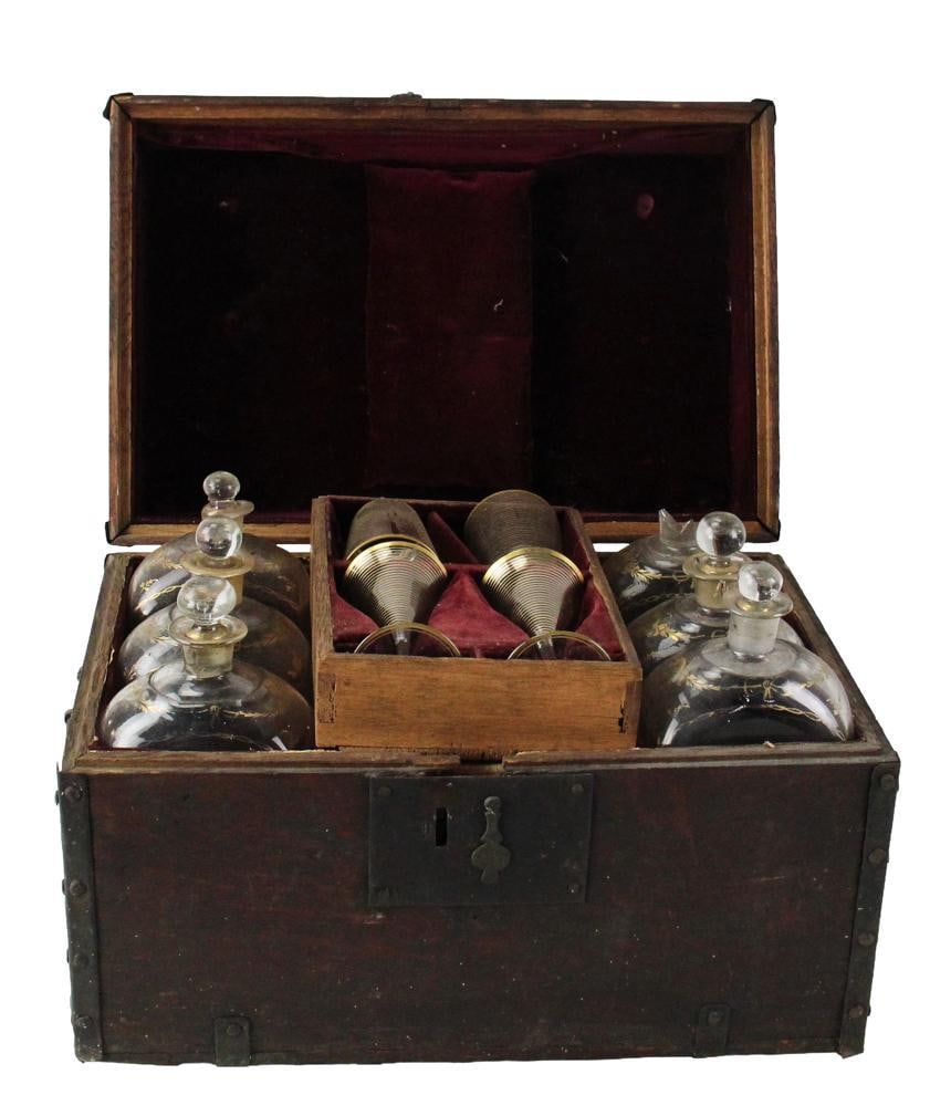 18th/19thC Decanter and Glass Set in Box: Late 18th/early 19thC decanter and glass set in box. Provenance: Estate of the late Joseph W. Haley, of Pride's Crossing, Massachusetts.