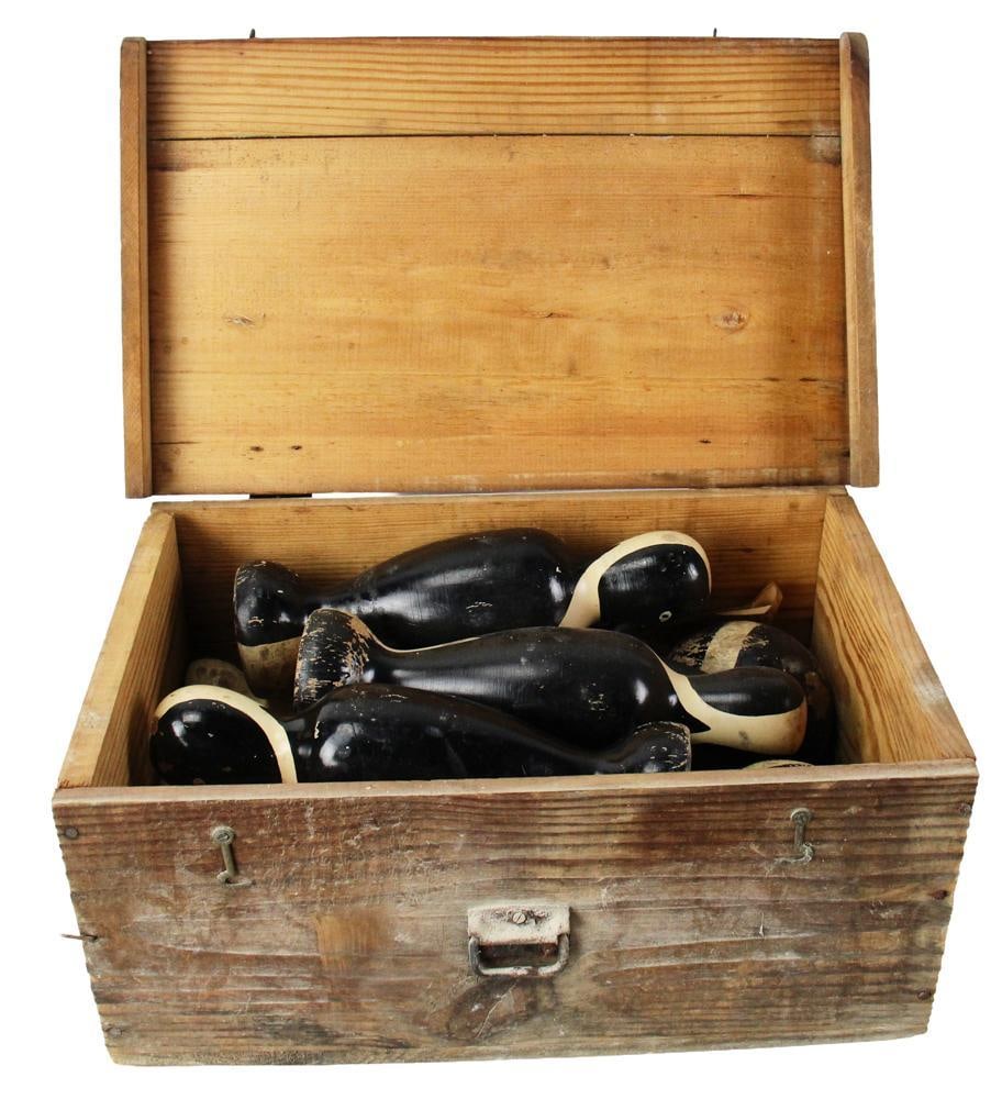 Antique Painted Penguins and Balls Game: Box of antique painted penguins and balls game. Provenance: Estate of the late Joseph W. Haley, of Pride's Crossing, Massachusetts.