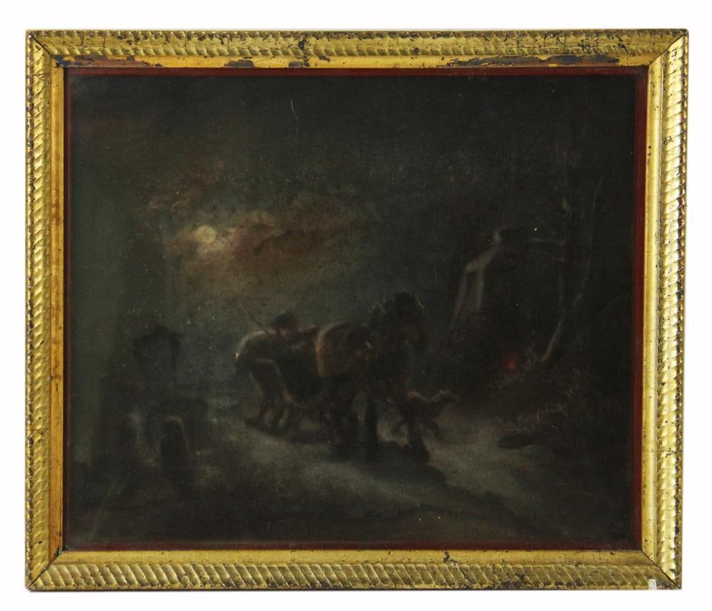 19thC European Winter Scene, Sleigh Ride, Pastel: 19th century European winter scene with sleigh ride, pastel, under glass. Provenance: Estate of the late Joseph W. Haley, of Pride's Crossing, Massachusetts.