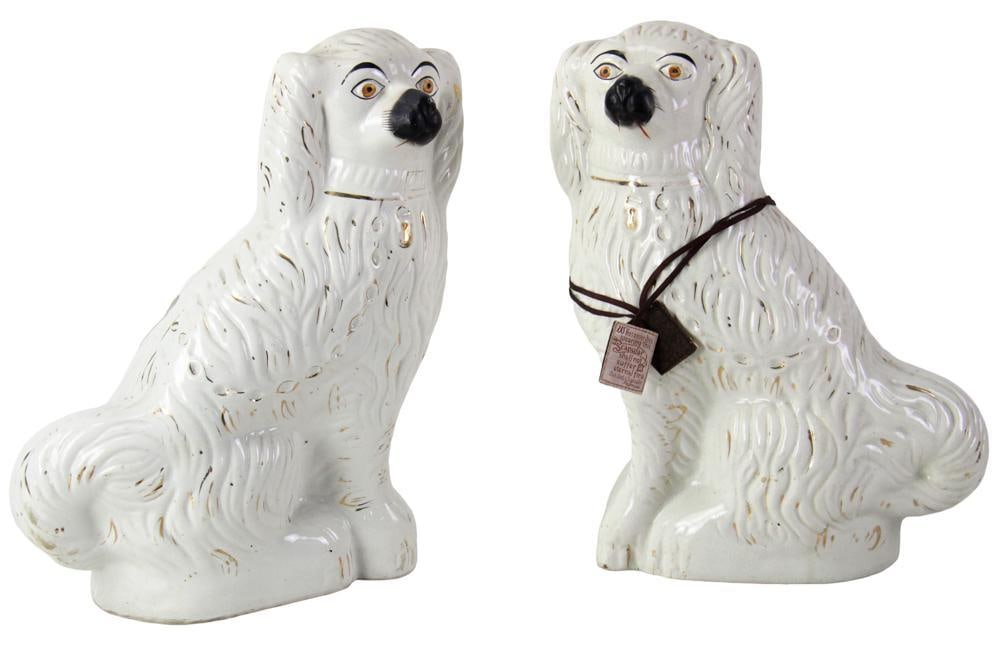 English Staffordshire Dogs: English Staffordshire dogs. Provenance: Estate of the late Joseph W. Haley, of Pride's Crossing, Massachusetts.
