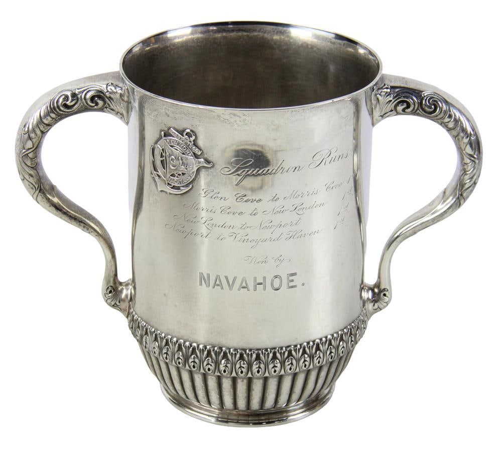 New York Yacht Club Silver Trophy by Whiting, Won by "Navahoe": New York yacht club silver trophy, won by "Navahoe", made by Whiting, 7 1/2" x 10". Approximately 23.59 troy oz TW. Provenance: Estate of the late Joseph W. Haley, of Pride's Crossing, Massachusetts. 