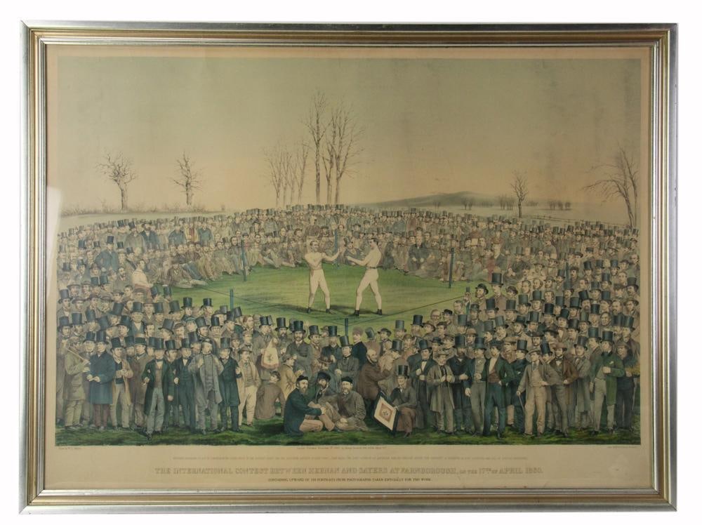 1860 Heenan vs. Sayers World Title Fight, Colored Lithograph: The International Contest Between Heenan and Sayers at Farnborough on the 17th of April 1860, colored lithograph by Bufford and Sons, framed 32" x 43". Provenance: Estate of the late Joseph W. Haley,