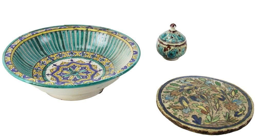 19thC Bowl, Persian Round Plaque, Covered Pot: 19th century bowl, Persian round plaque, and covered pot. Provenance: Estate of the late Joseph W. Haley, of Pride's Crossing, Massachusetts.