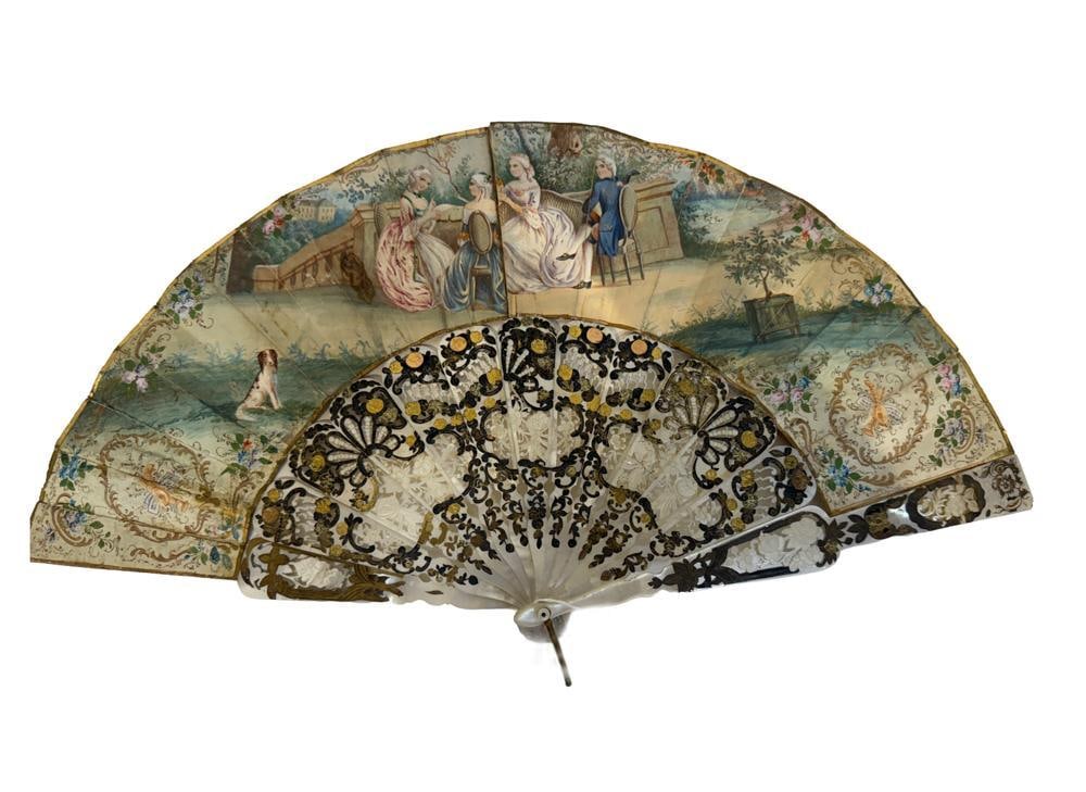 19thC French Mother-of-Pearl Hand-Painted Fan: 19th century French mother-of-pearl hand-painted fan. Provenance: Estate of the late Joseph W. Haley, of Pride's Crossing, Massachusetts.