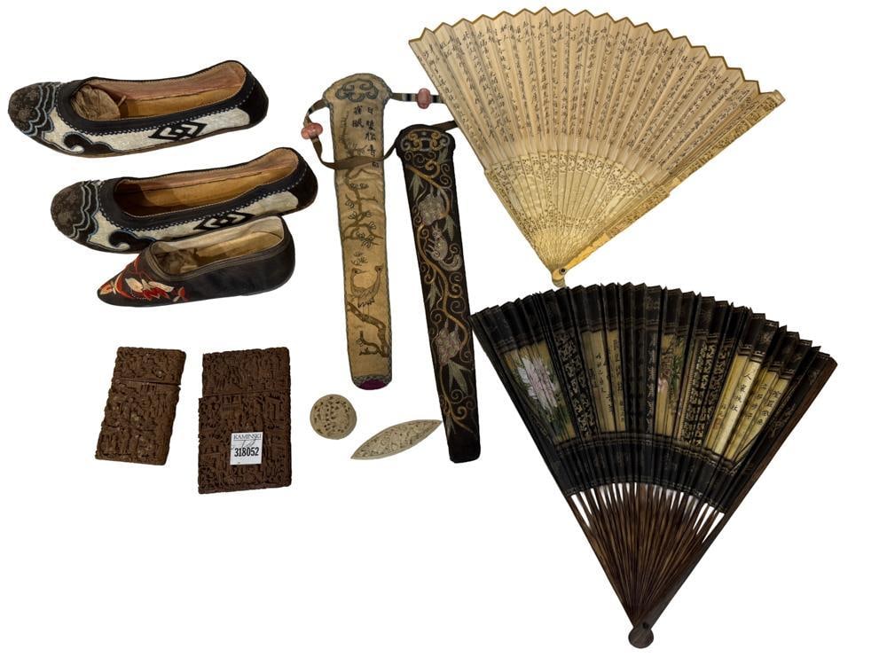 Antique Chinese Embroidered Shoes, Fans, Card Cases: Antique Chinese embroidered shoes, fans in cases, carved wood card cases. Fans 15". Provenance: Estate of the late Joseph W. Haley, of Pride's Crossing, Massachusetts.