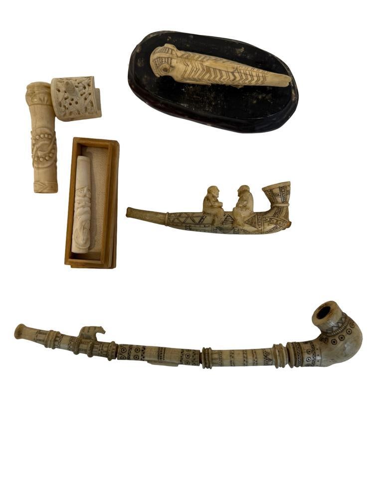 19thC Carved Bone Pipes: 19thC carved bone pipes, longest 11". Provenance: Estate of the late Joseph W. Haley, of Pride's Crossing, Massachusetts.