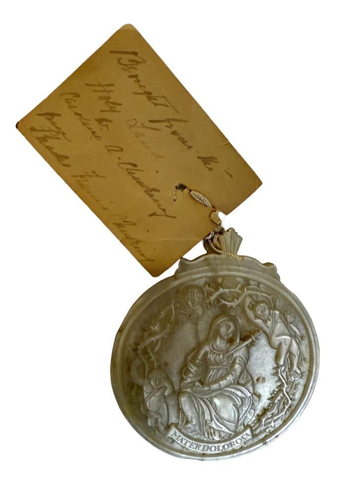 18thC Italian Carved Mother-of-Pearl Pendant: 18th century Italian carved mother-of-pearl pendant, 3 1/2" diameter. Provenance: Estate of the late Joseph W. Haley, of Pride's Crossing, Massachusetts.