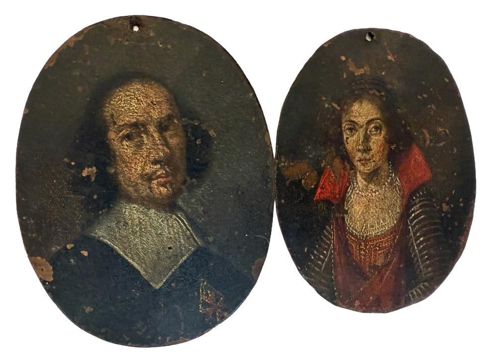 17thC English Miniature Painted Portraits on Copper: 17th century English miniature painted portraits on copper, 3" x 2 1/2", and 3 1/4" x 2 1/2". Provenance: Estate of the late Joseph W. Haley, of Pride's Crossing, Massachusetts.