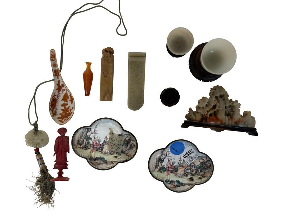 Antique Chinese Jade, Enamel, Soapstone Tree, etc.: Antique Chinese jade, enamel, soapstone tree, etc. Provenance: Estate of the late Joseph W. Haley, of Pride's Crossing, Massachusetts.