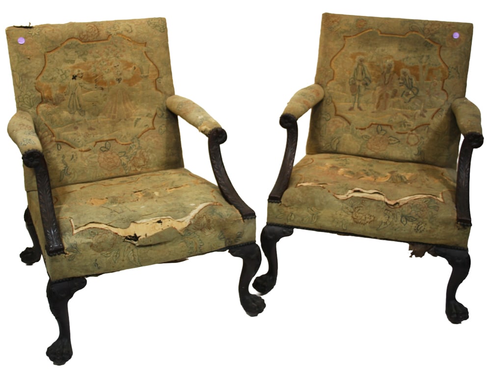 Pair of 18th/early 19thC English Chippendale Armchairs: Pair of 18th/early 19th century English Chippendale mahogany armchairs having hairy paw feet, 39" H x 30" W x 22" D. Provenance: Estate of the late Joseph W. Haley, of Pride's Crossing, Massachusetts.