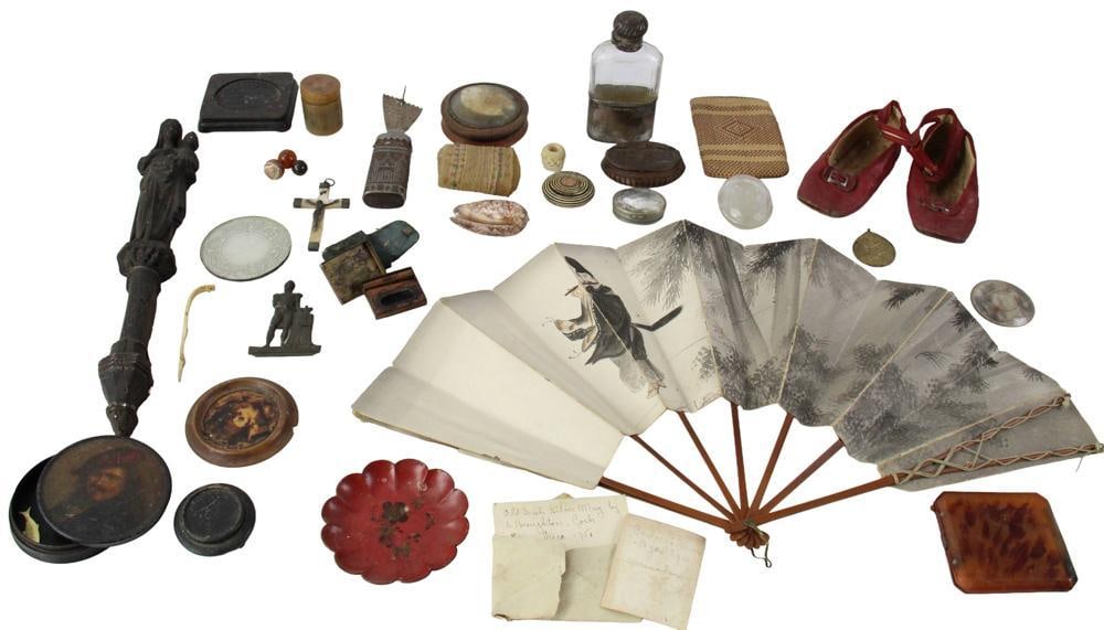 Large Group of Trinkets, Containers, Silver Flask, etc.: Large group of a variety of trinkets, containers, flask, exotic souvenirs, etc. Silver flask approximately 1.4 troy oz not including glass. Provenance: Estate of the late Joseph W. Haley, of Pride's C