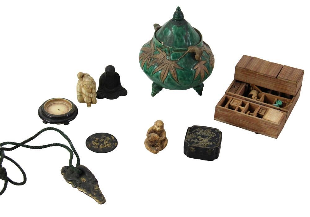 Japanese Figures, Boxes, Covered Vessel, etc.: Japanese items, figures, boxes, covered vessel, etc. Provenance: Estate of the late Joseph W. Haley, of Pride's Crossing, Massachusetts.