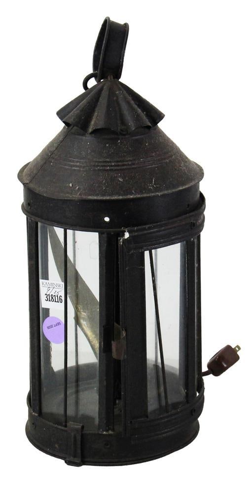 Early Tin Lantern: Early tin lantern with parrot, 16" x 6". Provenance: Estate of the late Joseph W. Haley, of Pride's Crossing, Massachusetts.
