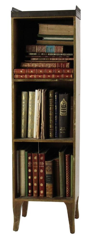 French Bookshelf with Galleried Marble Top: French bookshelf with galleried marble top and books, 31" H x 9" W x 6". Provenance: Estate of the late Joseph W. Haley, of Pride's Crossing, Massachusetts.