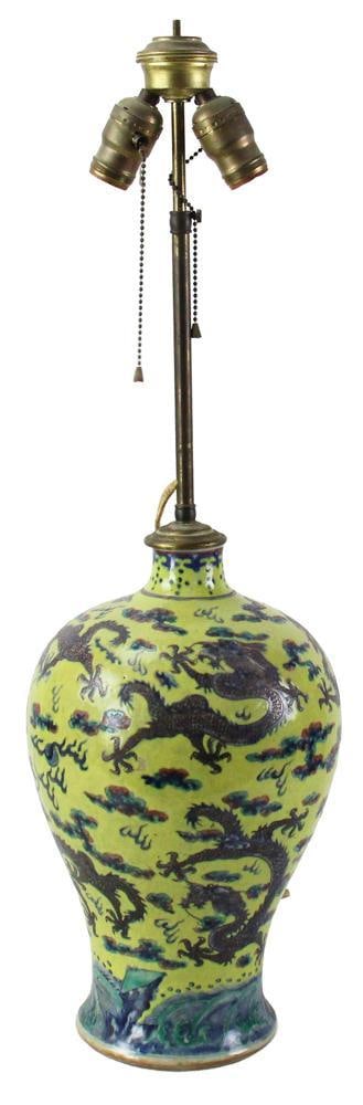 19thC Chinese Yellow Dragon Mei Vase Lamp: 19th century Chinese yellow dragon Mei vase lamp, vase 15" x 9", overall 30". Good condition. Provenance: Estate of the late Joseph W. Haley, of Pride's Crossing, Massachusetts.