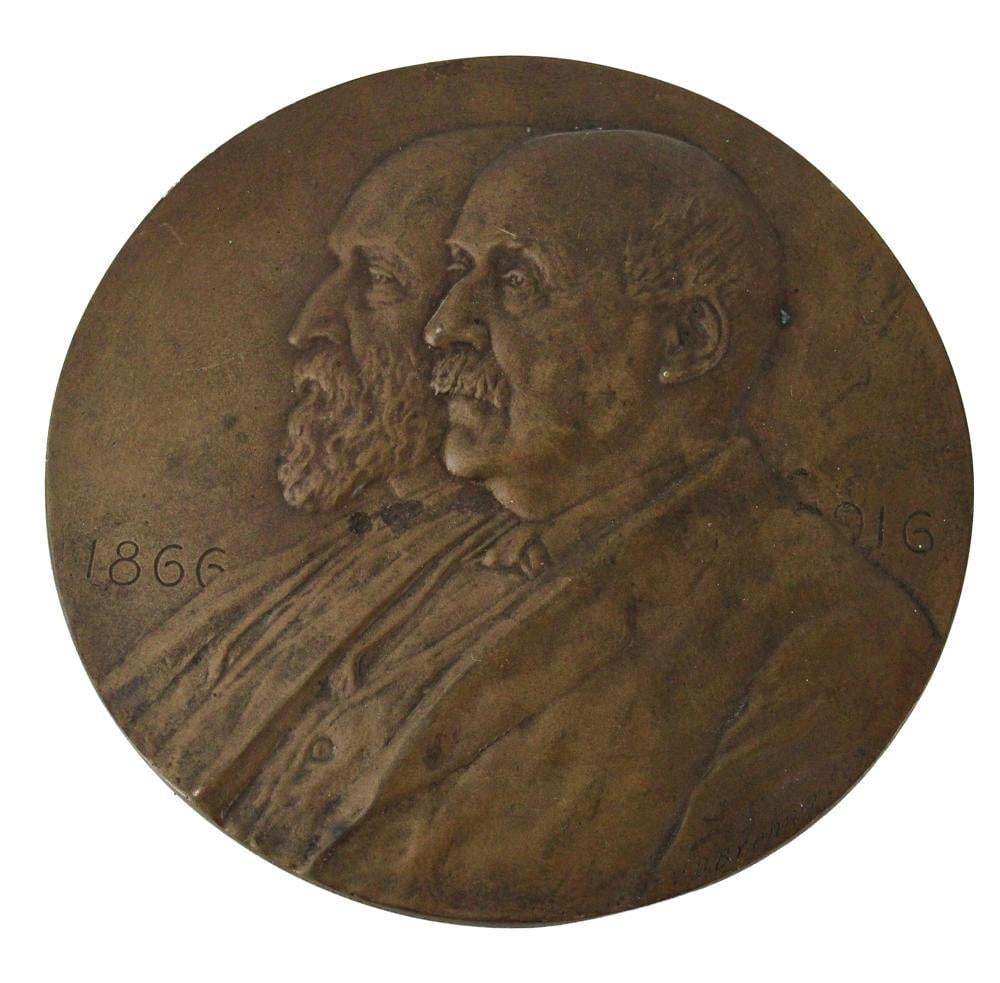1866-1916 Commemorative Bronze Wall Plaque, Victor D. Brenner: 1866-1916 commemorative bronze wall plaque, inscribed VD Brenner Sc., 8 1/4" diameter. Provenance: Estate of the late Joseph W. Haley, of Pride's Crossing, Massachusetts.